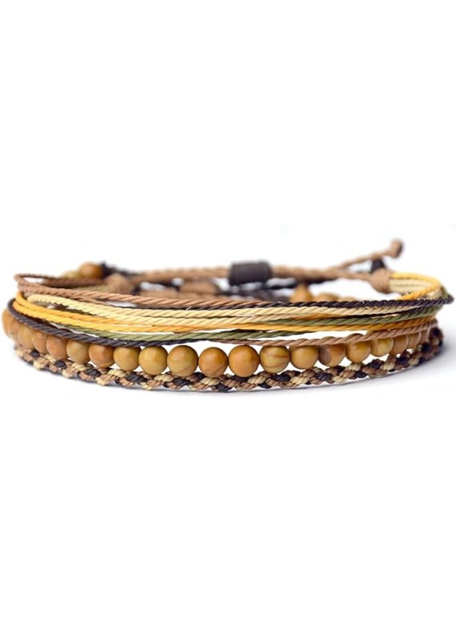 CLENEA Natural Stone Beaded for Men, Adjustable Weave Rope Bracelet, Gift with Wood-Grain Yellow Beads, Durable String Bracelet for Balance and Energy, 3Pcs - Image 5